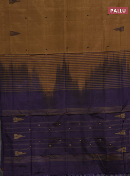 Banana pith saree mustard yellow and jamun shade with thread woven buttas in borderless style