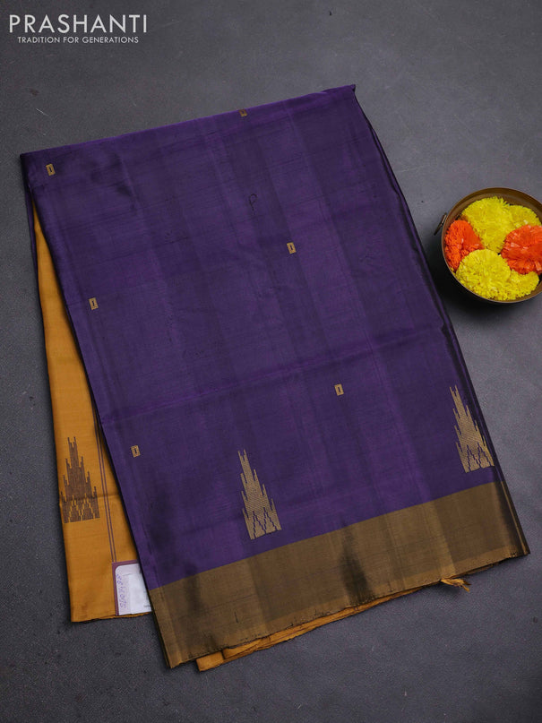 Banana pith saree deep violet and mustard yellow with thread woven buttas and contrast border