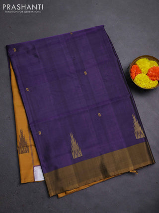Banana pith saree deep violet and mustard yellow with thread woven buttas and contrast border