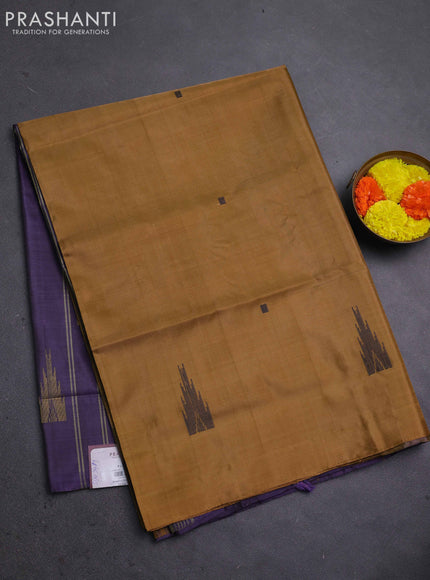 Banana pith saree dark mustard and jamun shade with thread woven buttas in borderless style