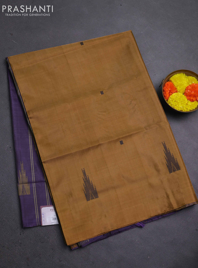 Banana pith saree dark mustard and jamun shade with thread woven buttas in borderless style