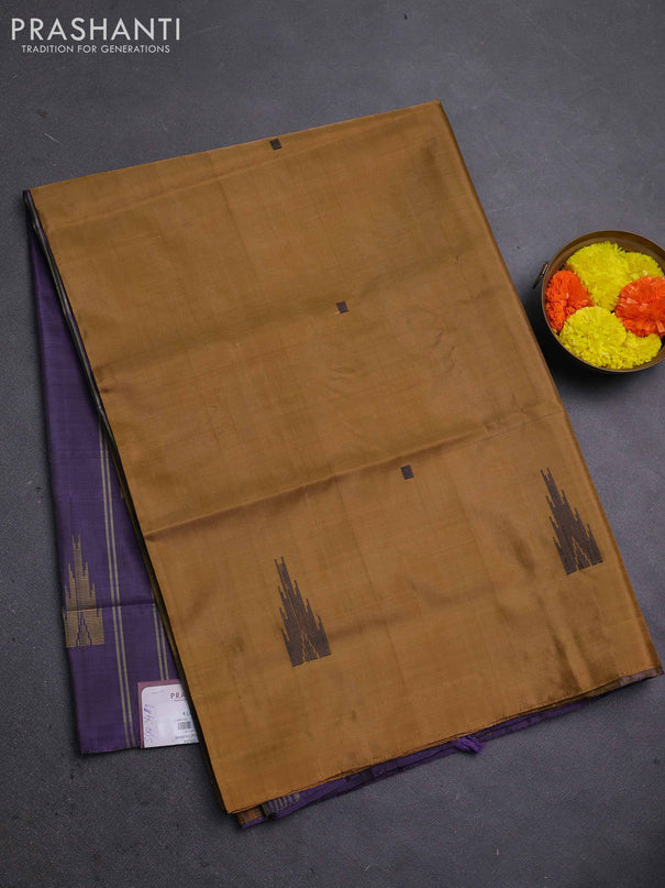 Banana pith saree dark mustard and jamun shade with thread woven buttas in borderless style