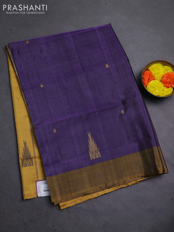 Banana pith saree deep violet and mustard yellow with thread woven buttas and contrast border