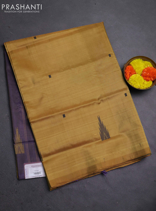 Banana pith saree mustard yellow and jamun shade with thread woven buttas in borderless style