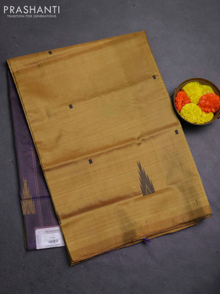 Banana pith saree mustard yellow and jamun shade with thread woven buttas in borderless style