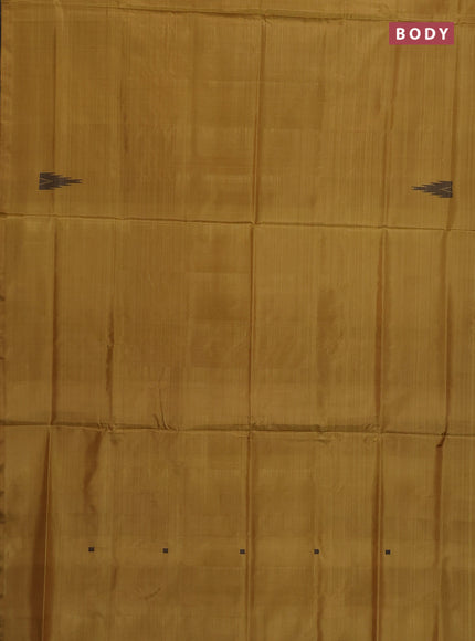 Banana pith saree mustard yellow and jamun shade with thread woven buttas in borderless style