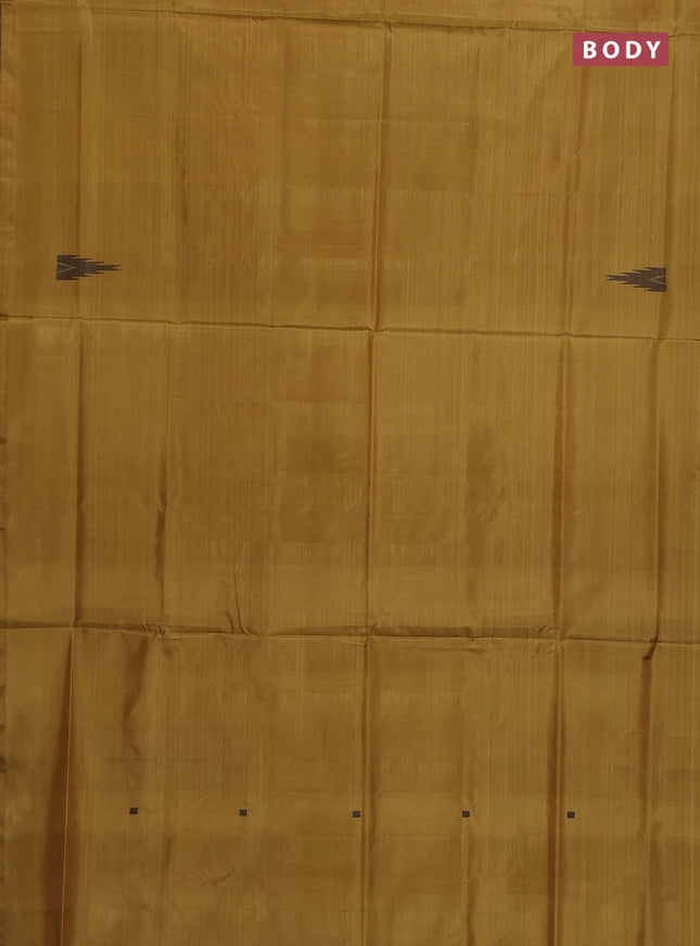 Banana pith saree mustard yellow and jamun shade with thread woven buttas in borderless style