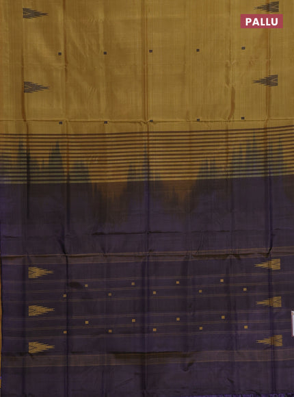Banana pith saree mustard yellow and jamun shade with thread woven buttas in borderless style