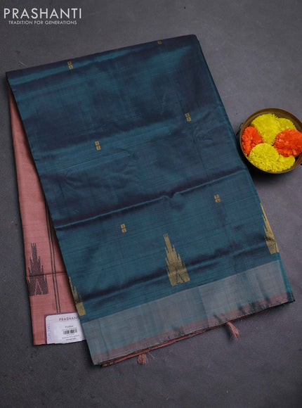 Banana pith saree peacock green and peach shade with thread woven buttas and contrast border