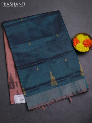 Banana pith saree peacock green and peach shade with thread woven buttas and contrast border