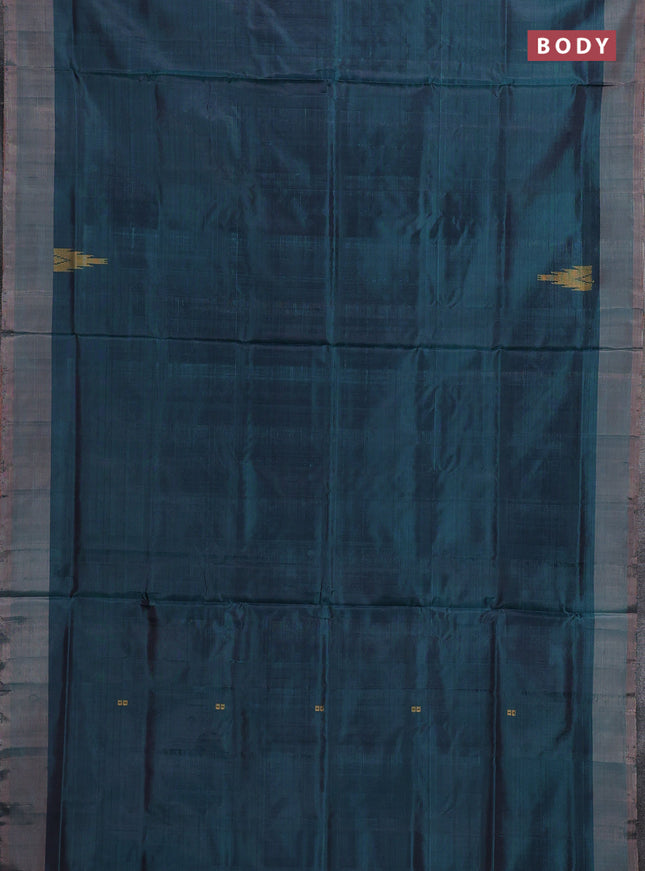 Banana pith saree peacock green and peach shade with thread woven buttas and contrast border