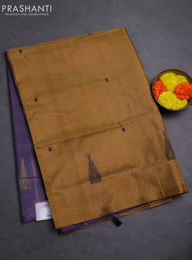 Banana pith saree dark mustard and deep jamun with thread woven buttas in borderless style