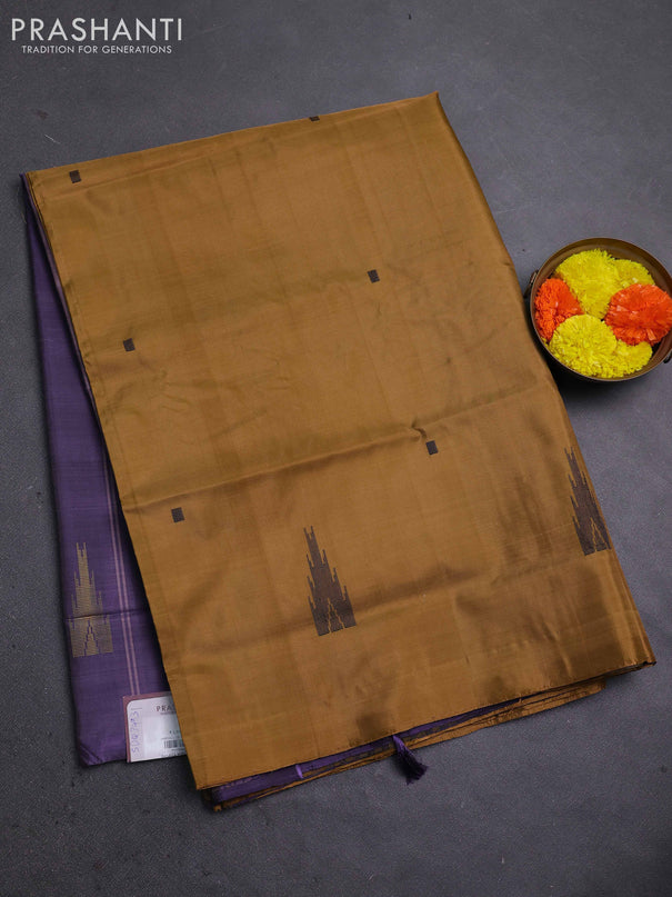 Banana pith saree dark mustard and deep jamun with thread woven buttas in borderless style