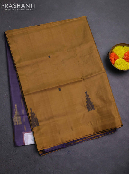Banana pith saree dark mustard and deep jamun with thread woven buttas in borderless style