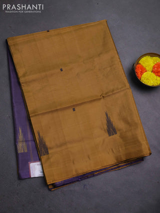Banana pith saree dark mustard and deep jamun with thread woven buttas in borderless style