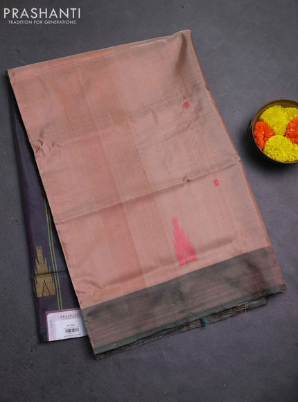 Banana pith saree peach shade and dual shade of green with thread woven buttas and contrast border