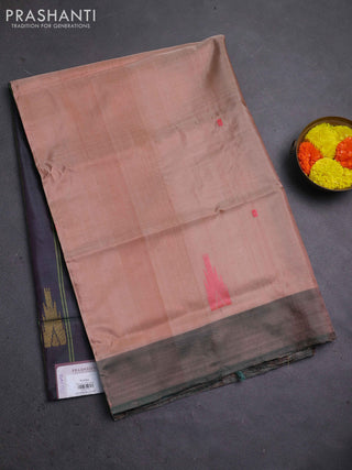 Banana pith saree peach shade and dual shade of green with thread woven buttas and contrast border