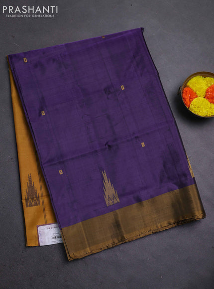 Banana pith saree deep violet and mustard yellow with thread woven buttas and contrast border