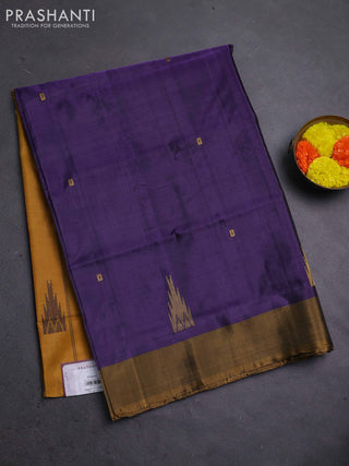 Banana pith saree deep violet and mustard yellow with thread woven buttas and contrast border