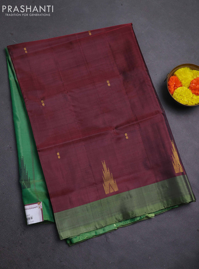 Banana pith saree maroon and green with thread woven buttas and contrast border