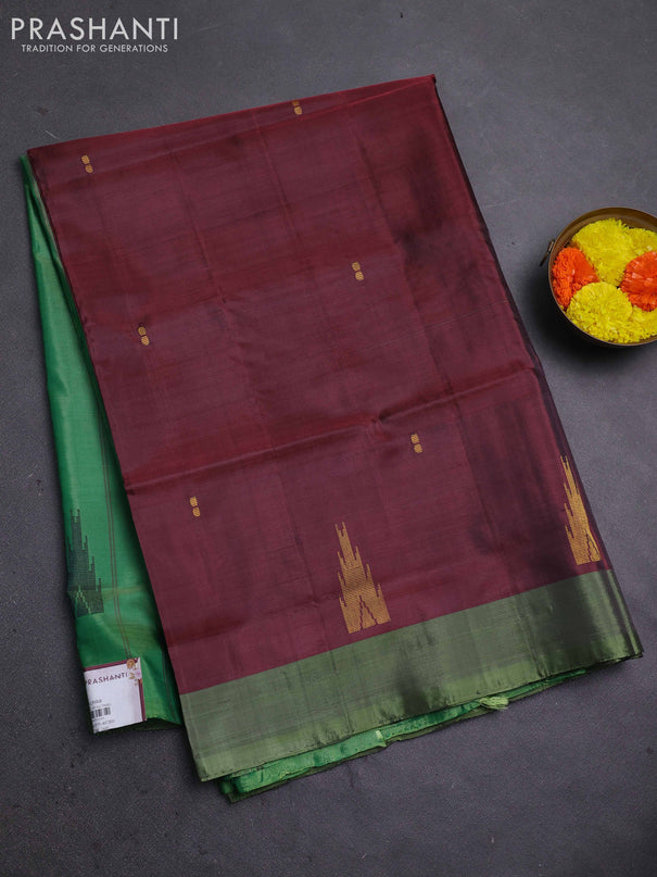 Banana pith saree maroon and green with thread woven buttas and contrast border