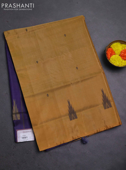 Banana pith saree mustard yellow and navy blue with thread woven buttas in borderless style
