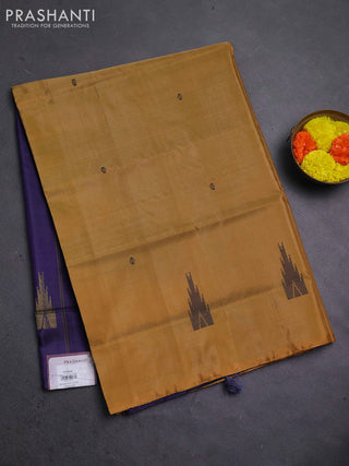 Banana pith saree mustard yellow and navy blue with thread woven buttas in borderless style