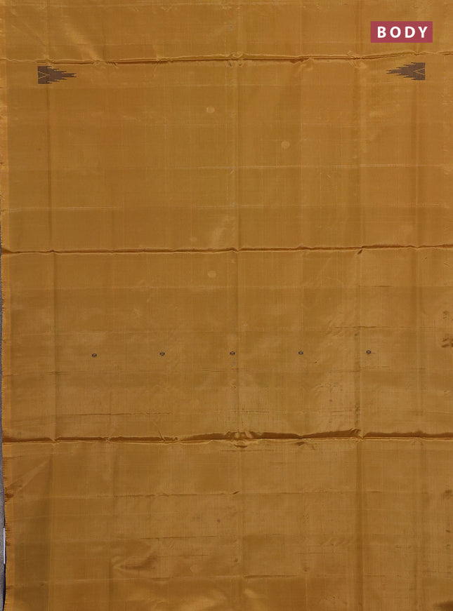 Banana pith saree mustard yellow and navy blue with thread woven buttas in borderless style