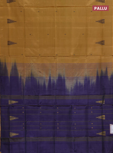 Banana pith saree mustard yellow and navy blue with thread woven buttas in borderless style