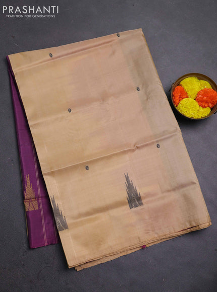 Banana pith saree sandal and purple with thread woven buttas in borderless style