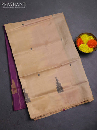 Banana pith saree sandal and purple with thread woven buttas in borderless style