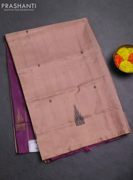 Banana pith saree sandal and purple with thread woven buttas in borderless style