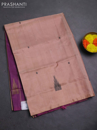 Banana pith saree sandal and purple with thread woven buttas in borderless style