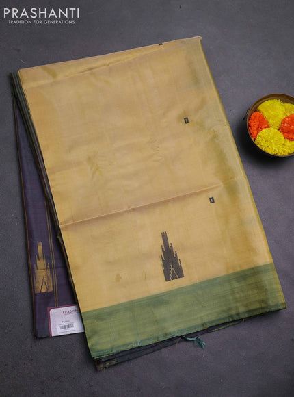 Banana pith saree pale yellow and dual shade of purple with thread woven buttas and contrast border