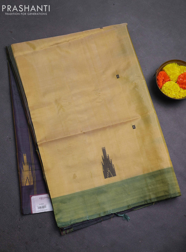 Banana pith saree pale yellow and dual shade of purple with thread woven buttas and contrast border