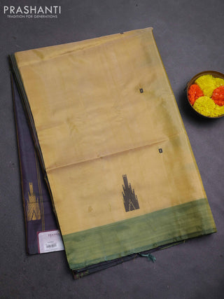 Banana pith saree pale yellow and dual shade of purple with thread woven buttas and contrast border