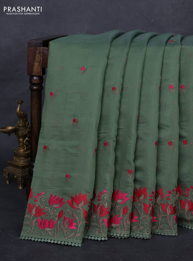 Sap Green Mul Chanderi Saree - Embroidery