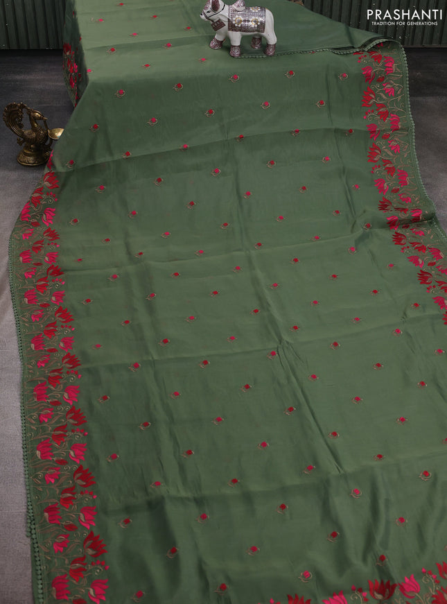 Sap Green Mul Chanderi Saree - Embroidery