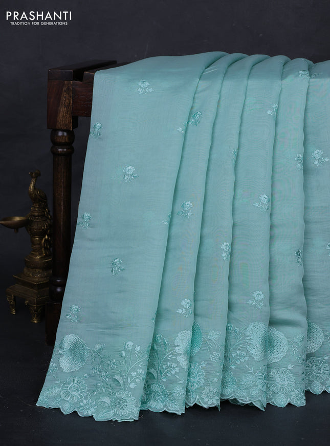 Teal Blue Mul Chanderi Saree - Embroidery