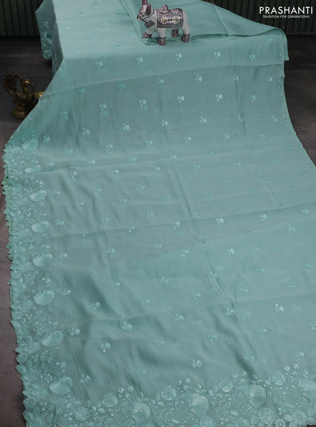 Teal Blue Mul Chanderi Saree - Embroidery