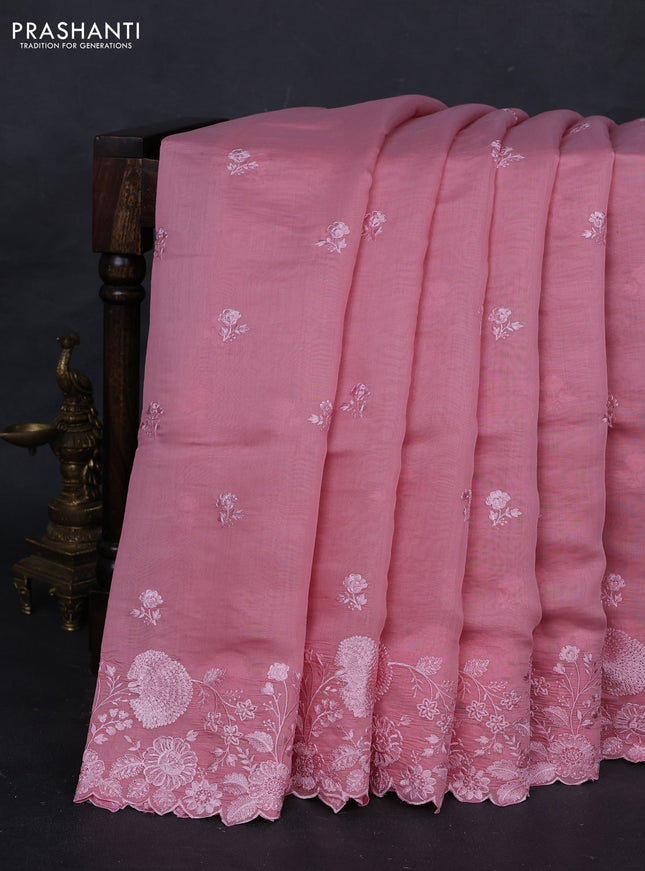 Peach Pink Mul Chanderi Saree - Embroidery