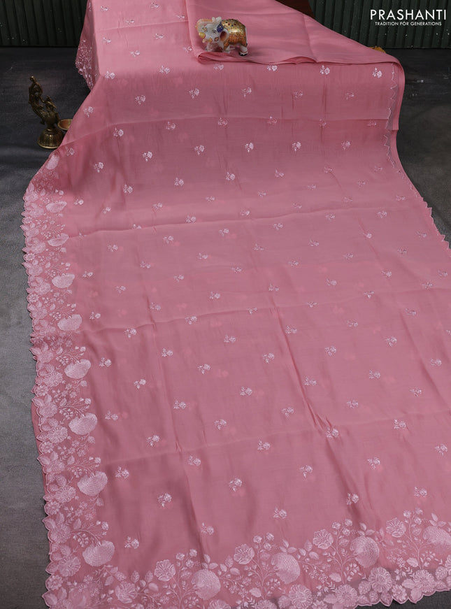 Peach Pink Mul Chanderi Saree - Embroidery