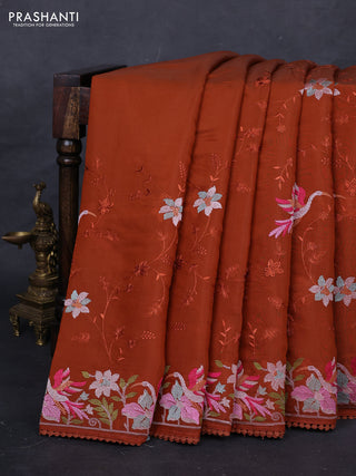 Rust  Mul Chanderi Saree - Embroidery