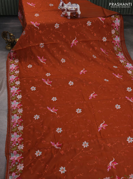 Rust  Mul Chanderi Saree - Embroidery