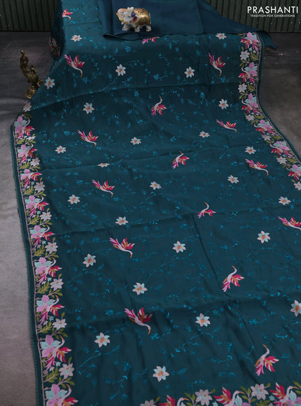 Pecock Green Mul Chanderi Saree - Embroidery