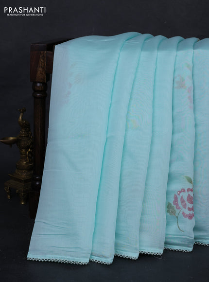 Teal Blue Mul Chanderi Saree - Embroidery