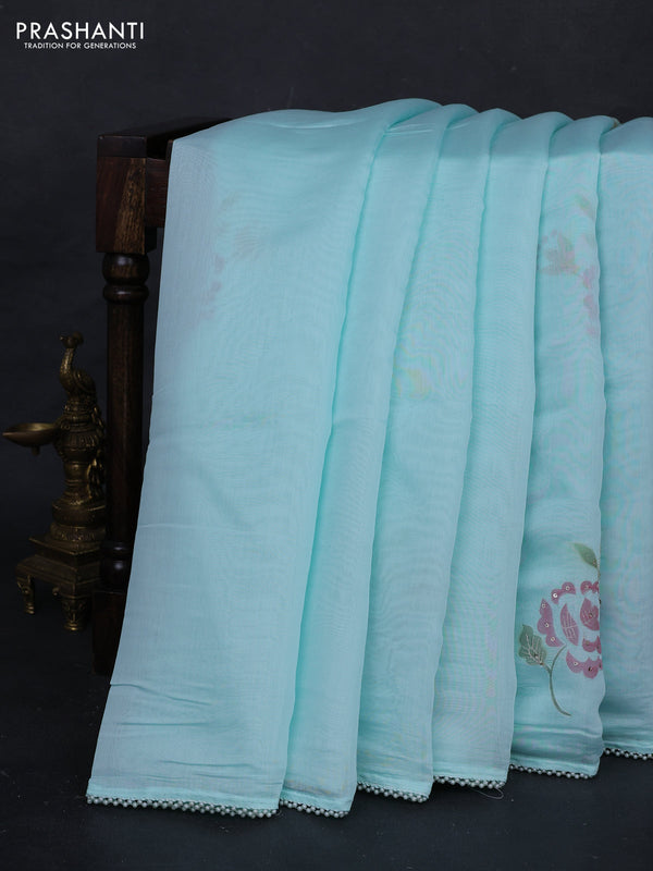 Teal Blue Mul Chanderi Saree - Embroidery