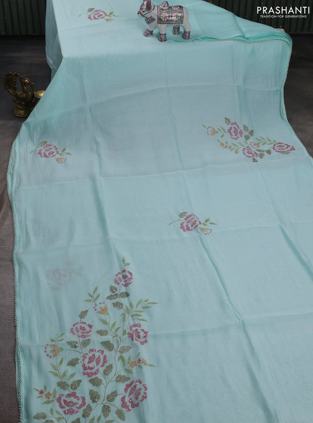 Teal Blue Mul Chanderi Saree - Embroidery