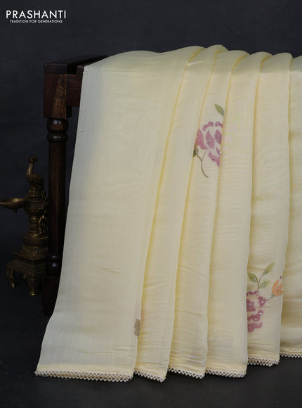 Pale Yellow Mul Chanderi Saree - Embroidery