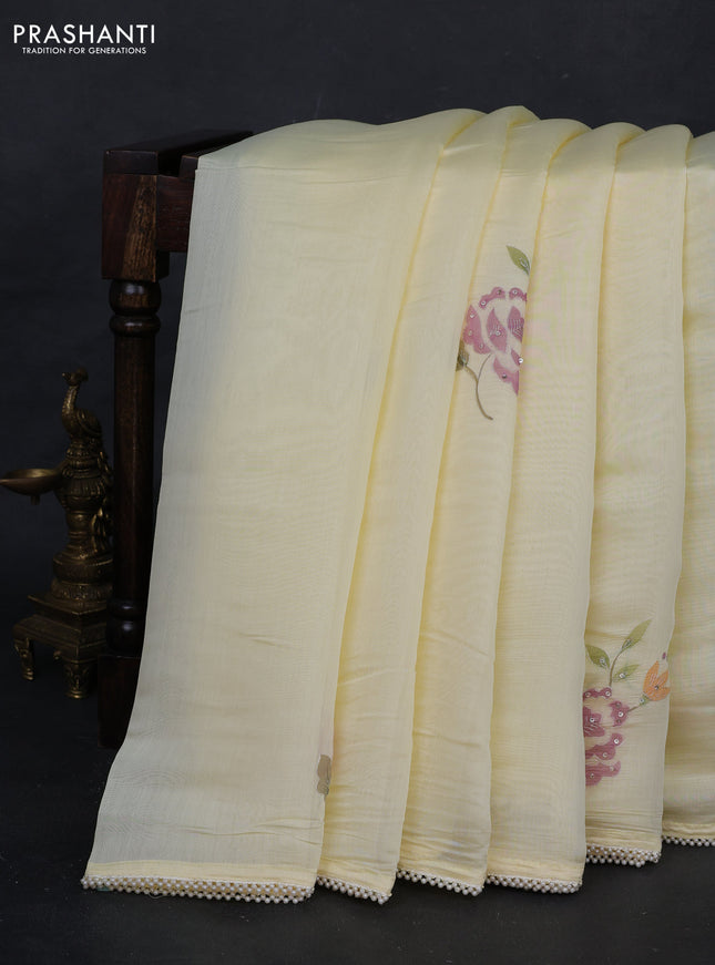 Pale Yellow Mul Chanderi Saree - Embroidery